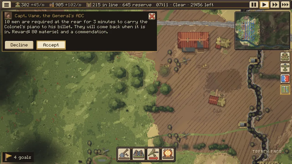 The General’s ADC on the telephone: ten men are required at the rear for three minutes to carry the Colonel’s piano. Decline or Accept.