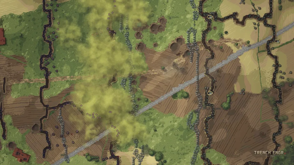 Second Ypres, 1915, from the German side: a chlorine cloud drifts from the German trench over the French lines.